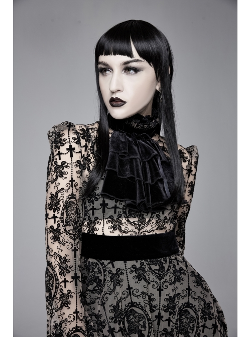 Flocking Print Splice Velvet High Waist Ribbon Drawstring Cuff Brown Gothic Long Sleeves Dress