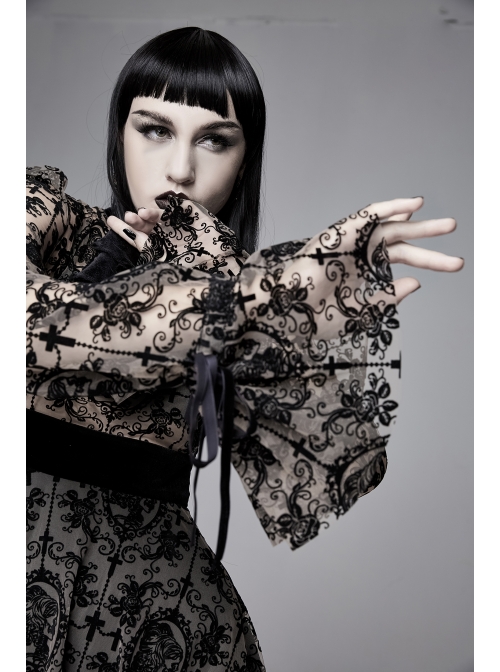 Flocking Print Splice Velvet High Waist Ribbon Drawstring Cuff Brown Gothic Long Sleeves Dress