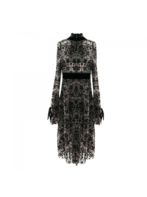 Flocking Print Splice Velvet High Waist Ribbon Drawstring Cuff Brown Gothic Long Sleeves Dress