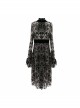 Flocking Print Splice Velvet High Waist Ribbon Drawstring Cuff Brown Gothic Long Sleeves Dress