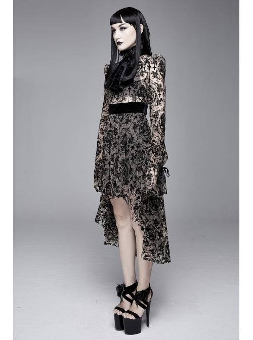 Flocking Print Splice Velvet High Waist Ribbon Drawstring Cuff Brown Gothic Long Sleeves Dress