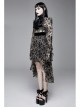Flocking Print Splice Velvet High Waist Ribbon Drawstring Cuff Brown Gothic Long Sleeves Dress