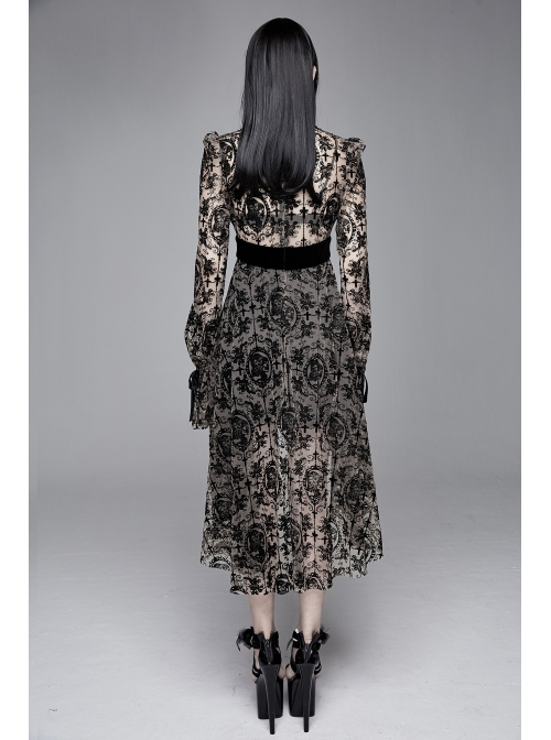 Flocking Print Splice Velvet High Waist Ribbon Drawstring Cuff Brown Gothic Long Sleeves Dress