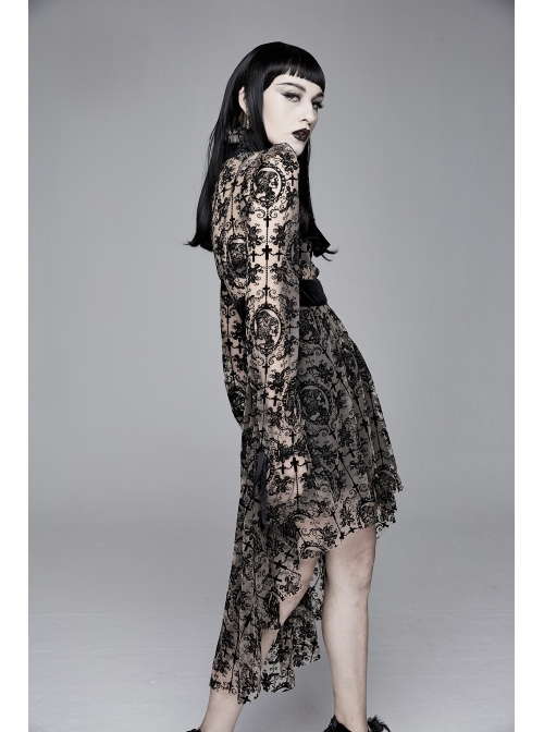 Flocking Print Splice Velvet High Waist Ribbon Drawstring Cuff Brown Gothic Long Sleeves Dress