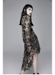 Flocking Print Splice Velvet High Waist Ribbon Drawstring Cuff Brown Gothic Long Sleeves Dress