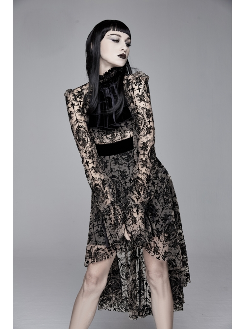 Flocking Print Splice Velvet High Waist Ribbon Drawstring Cuff Brown Gothic Long Sleeves Dress