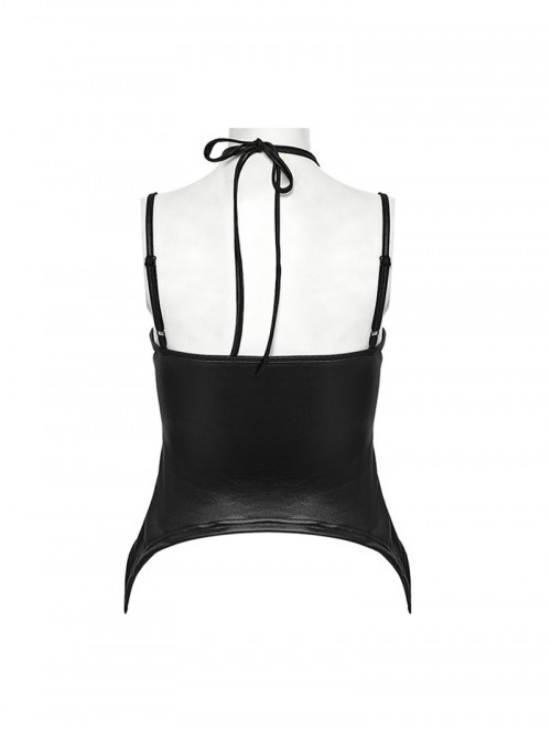 Black Fashionable Glossy Knit Splicing Intersect Strap Punk Style Sexy Intersect Vest
