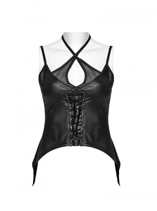 Black Fashionable Glossy Knit Splicing Intersect Strap Punk Style Sexy Intersect Vest