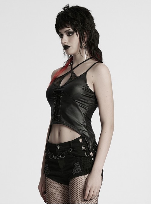 Black Fashionable Glossy Knit Splicing Intersect Strap Punk Style Sexy Intersect Vest