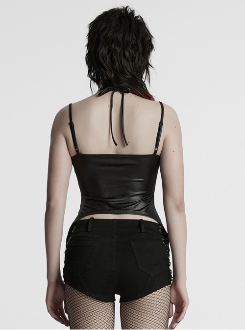 Black Fashionable Glossy Knit Splicing Intersect Strap Punk Style Sexy Intersect Vest