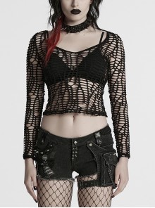 Versatile Unique Elastic Black Irregular Mesh Deep-V Sexy Punk Mesh T-Shirt