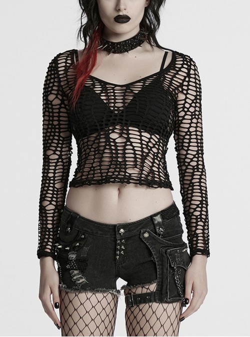 Versatile Unique Elastic Black Irregular Mesh Deep-V Sexy Punk Mesh T-Shirt