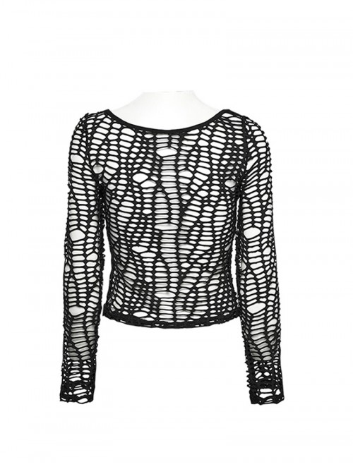 Versatile Unique Elastic Black Irregular Mesh Deep-V Sexy Punk Mesh T-Shirt
