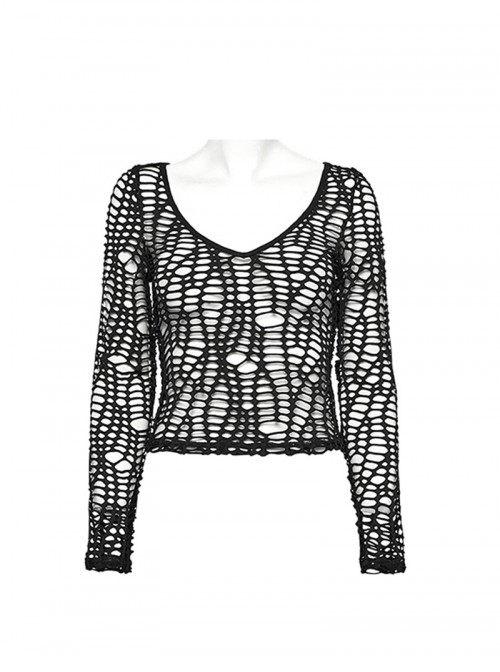 Versatile Unique Elastic Black Irregular Mesh Deep-V Sexy Punk Mesh T-Shirt