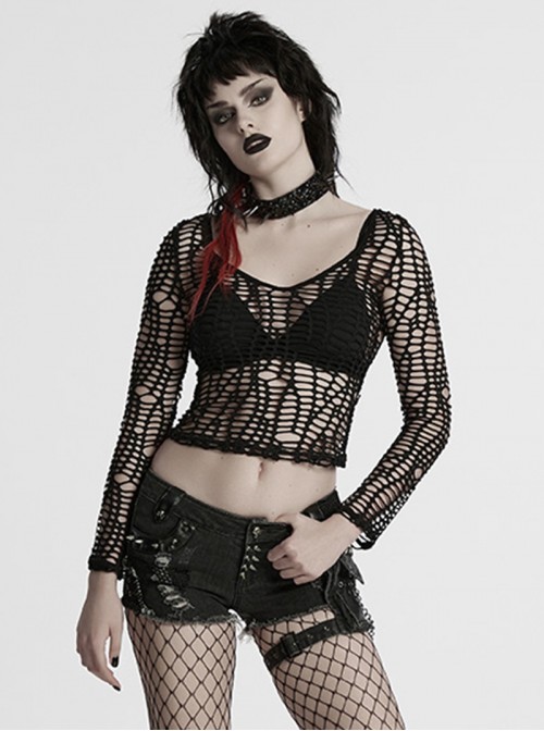 Versatile Unique Elastic Black Irregular Mesh Deep-V Sexy Punk Mesh T-Shirt