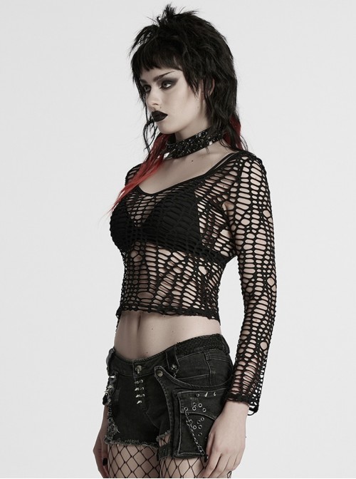 Versatile Unique Elastic Black Irregular Mesh Deep-V Sexy Punk Mesh T-Shirt