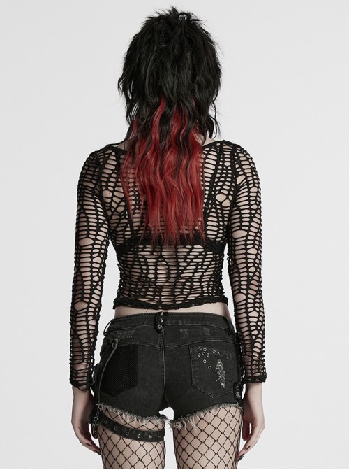 Versatile Unique Elastic Black Irregular Mesh Deep-V Sexy Punk Mesh T-Shirt