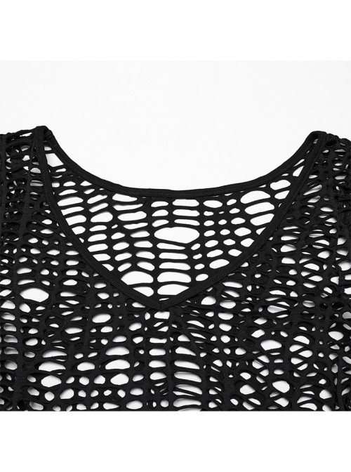 Versatile Unique Elastic Black Irregular Mesh Deep-V Sexy Punk Mesh T-Shirt