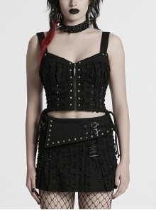 Cool Black Carved Bullet Pendant Splicing Tattered Denim Decadent Punk Denim Vest