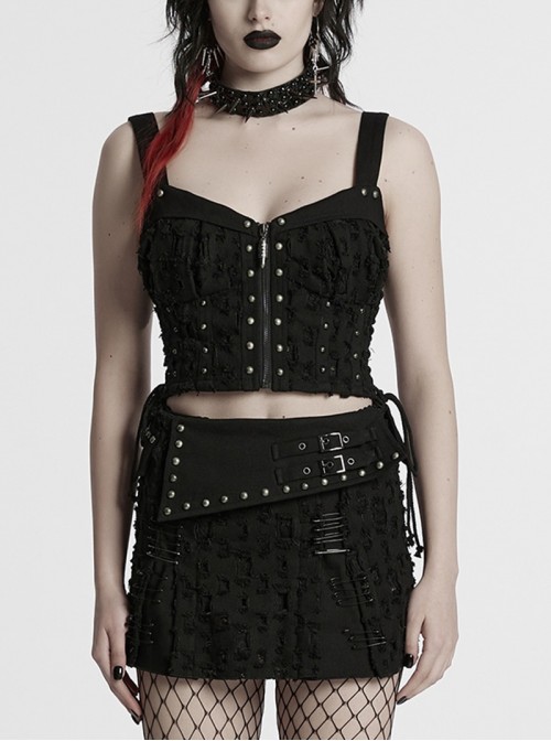 Cool Black Carved Bullet Pendant Splicing Tattered Denim Decadent Punk Denim Vest