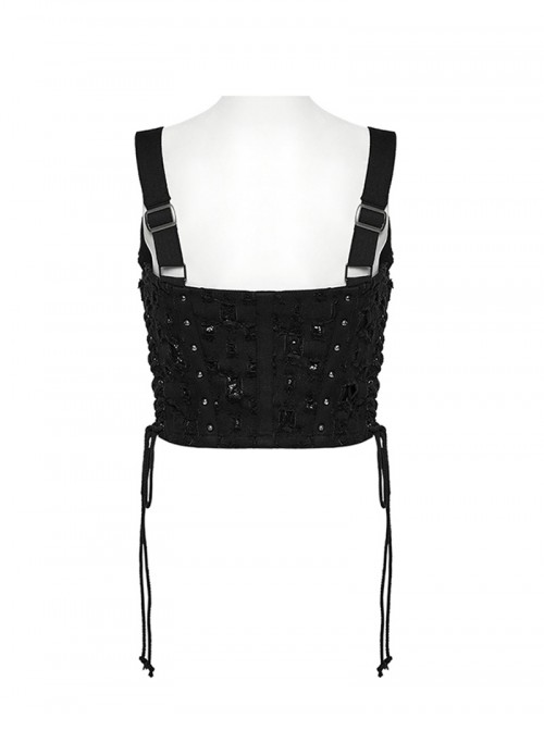 Cool Black Carved Bullet Pendant Splicing Tattered Denim Decadent Punk Denim Vest