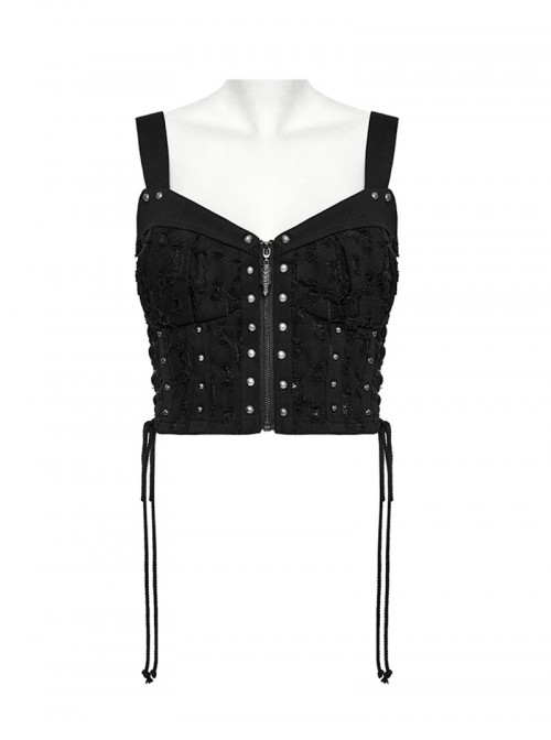 Cool Black Carved Bullet Pendant Splicing Tattered Denim Decadent Punk Denim Vest