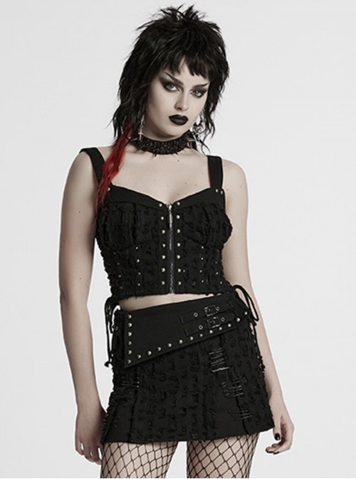 Cool Black Carved Bullet Pendant Splicing Tattered Denim Decadent Punk Denim Vest