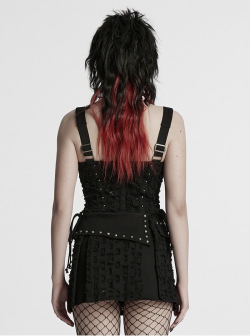 Cool Black Carved Bullet Pendant Splicing Tattered Denim Decadent Punk Denim Vest
