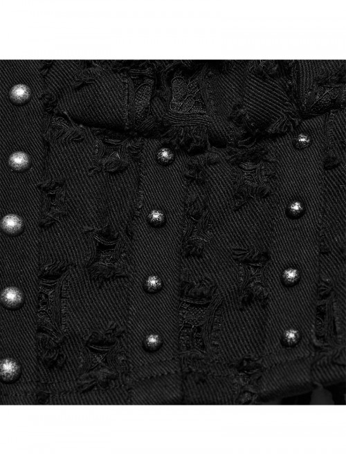 Cool Black Carved Bullet Pendant Splicing Tattered Denim Decadent Punk Denim Vest