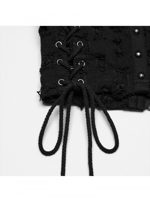 Cool Black Carved Bullet Pendant Splicing Tattered Denim Decadent Punk Denim Vest