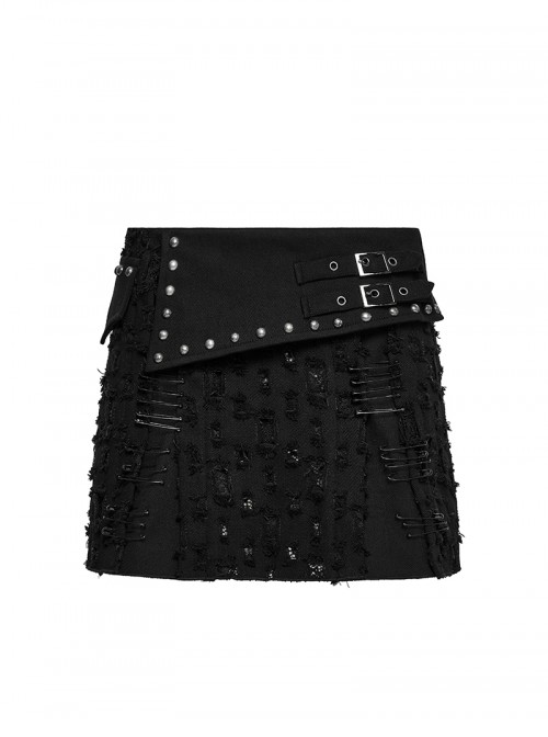 Fashionable Black Irregular Waistband Versatile Sexy Decadent Punk Style Denim Skirt