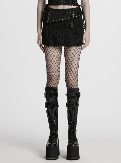 Fashionable Black Irregular Waistband Versatile Sexy Decadent Punk Style Denim Skirt