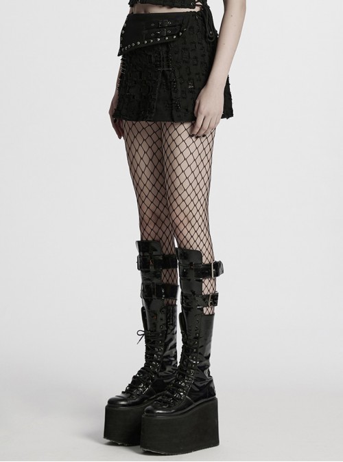 Fashionable Black Irregular Waistband Versatile Sexy Decadent Punk Style Denim Skirt