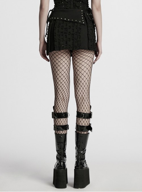 Fashionable Black Irregular Waistband Versatile Sexy Decadent Punk Style Denim Skirt