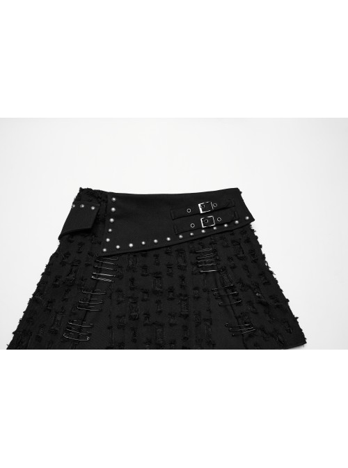 Fashionable Black Irregular Waistband Versatile Sexy Decadent Punk Style Denim Skirt