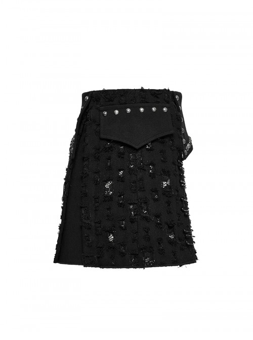Fashionable Black Irregular Waistband Versatile Sexy Decadent Punk Style Denim Skirt