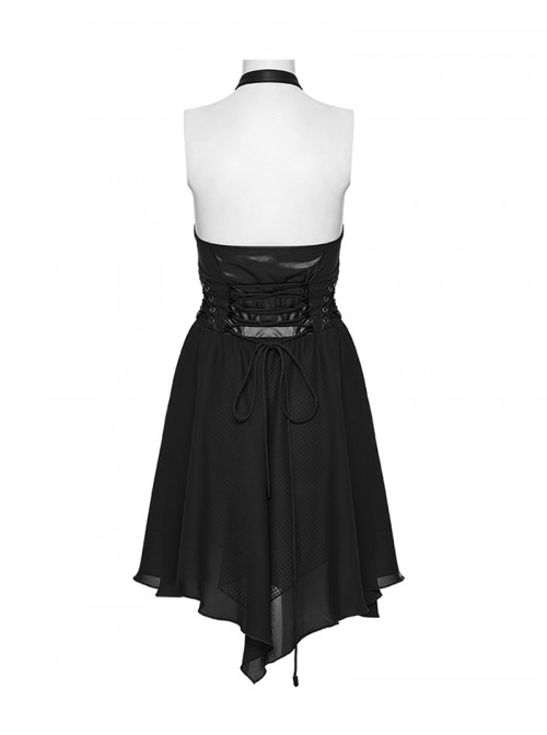 Punk Style Black Elastic Rubberrized Knitted Chiffon Sexy Hollow Chest Halter Neck Dress