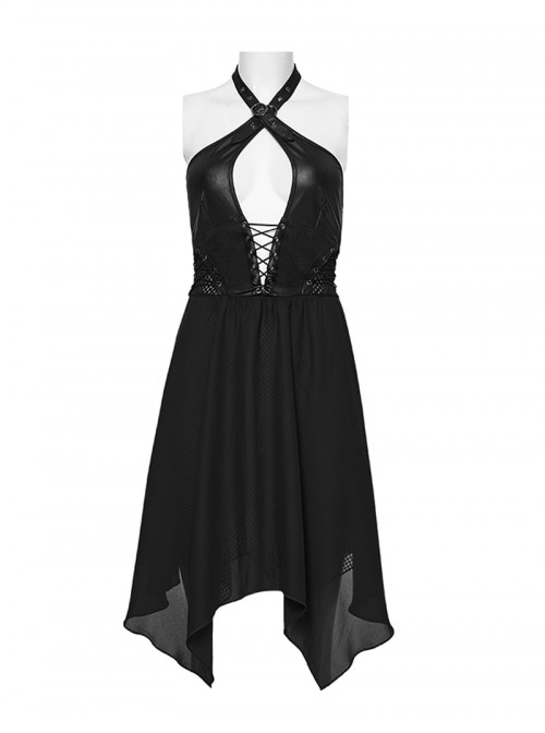 Punk Style Black Elastic Rubberrized Knitted Chiffon Sexy Hollow Chest Halter Neck Dress