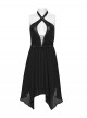 Punk Style Black Elastic Rubberrized Knitted Chiffon Sexy Hollow Chest Halter Neck Dress