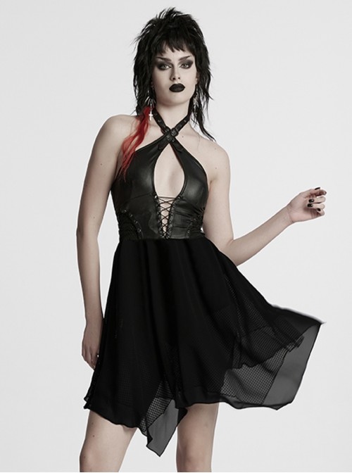 Punk Style Black Elastic Rubberrized Knitted Chiffon Sexy Hollow Chest Halter Neck Dress
