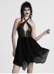 Punk Style Black Elastic Rubberrized Knitted Chiffon Sexy Hollow Chest Halter Neck Dress