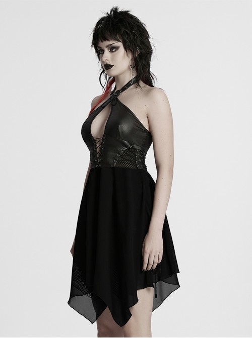 Punk Style Black Elastic Rubberrized Knitted Chiffon Sexy Hollow Chest Halter Neck Dress
