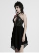 Punk Style Black Elastic Rubberrized Knitted Chiffon Sexy Hollow Chest Halter Neck Dress