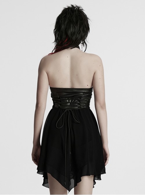 Punk Style Black Elastic Rubberrized Knitted Chiffon Sexy Hollow Chest Halter Neck Dress