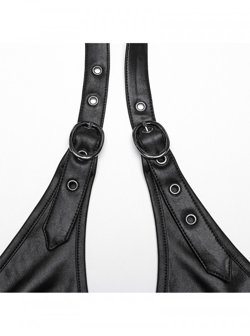 Punk Style Black Elastic Rubberrized Knitted Chiffon Sexy Hollow Chest Halter Neck Dress