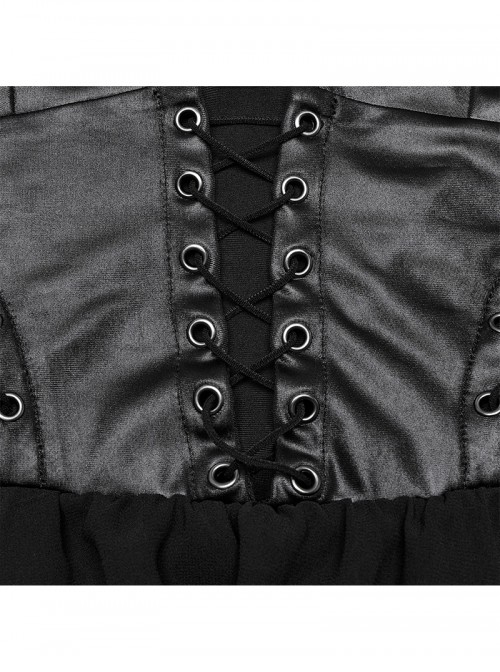 Punk Style Black Elastic Rubberrized Knitted Chiffon Sexy Hollow Chest Halter Neck Dress