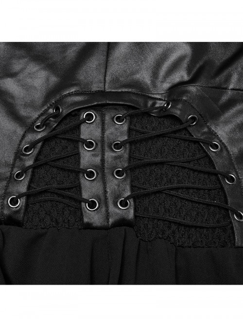 Punk Style Black Elastic Rubberrized Knitted Chiffon Sexy Hollow Chest Halter Neck Dress