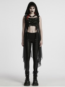 Cracked Faux Leather Chiffon Punk Style Black Personalized Hollow Skeleton Shoulder Buckle Hooded Vest