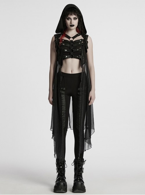 Cracked Faux Leather Chiffon Punk Style Black Personalized Hollow Skeleton Shoulder Buckle Hooded Vest
