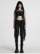 Cracked Faux Leather Chiffon Punk Style Black Personalized Hollow Skeleton Shoulder Buckle Hooded Vest